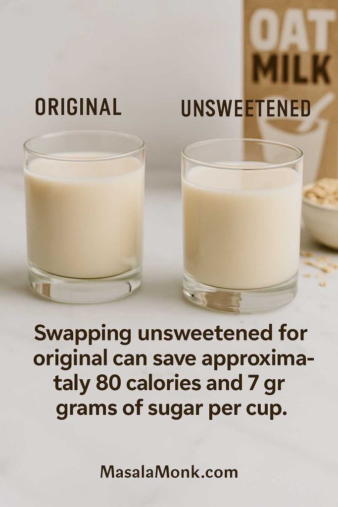 Two glasses of oat milk labeled Original and Unsweetened on a marble surface, with text overlay explaining that swapping to unsweetened oat milk saves approximately 80 calories and 7 grams of sugar per cup. A carton of oat milk and rolled oats are in the background.