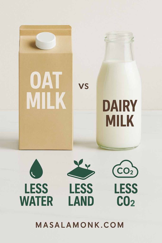Side-by-side photograph of a carton of oat milk and a glass bottle of dairy milk. Below are green icons for water, land, and CO₂, with text explaining that oat milk uses less water, less land, and produces less CO₂ compared with dairy milk.