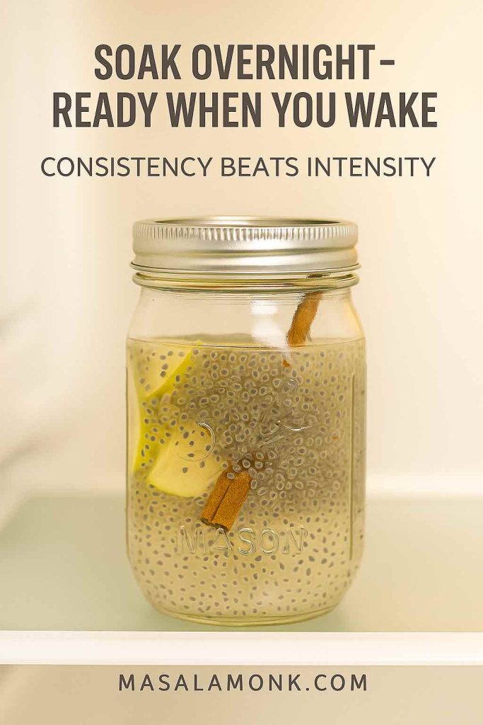 Mason jar of overnight-soaked chia seed water with apple slices and a cinnamon stick, placed in a refrigerator with text overlay emphasizing habit-building consistency. MasalaMonk.com branding.