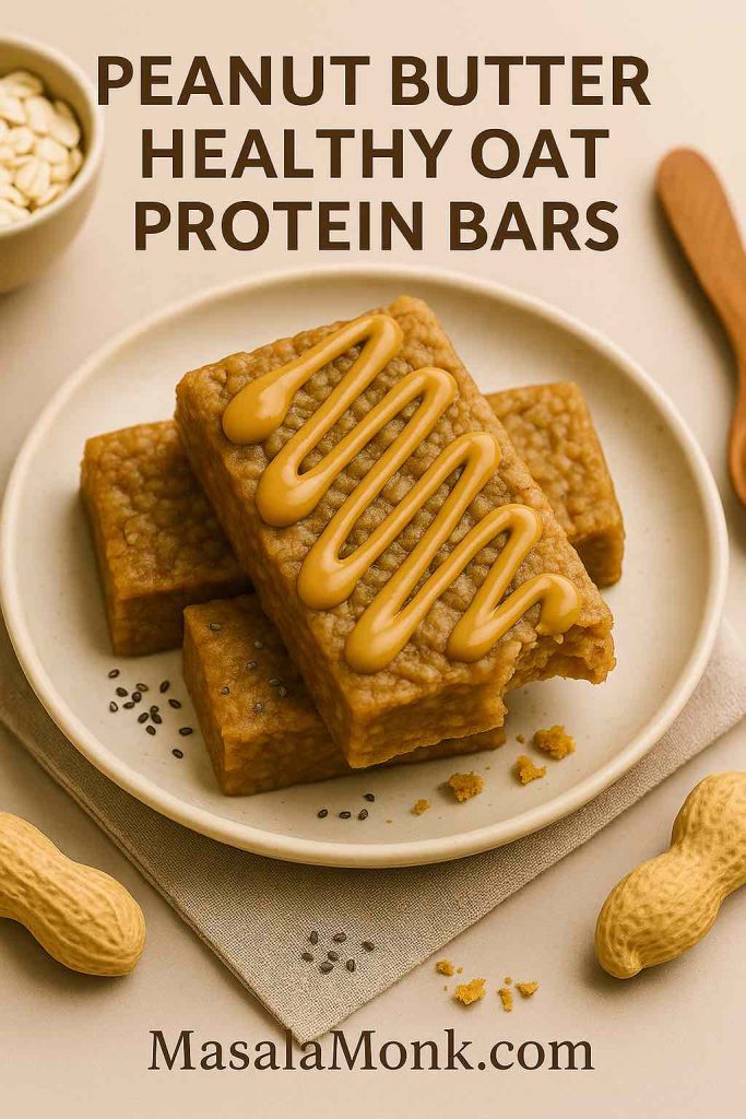 Peanut butter healthy oat protein bars stacked on a ceramic plate, topped with peanut butter drizzle, chia seeds, and surrounded by oats and peanuts.
