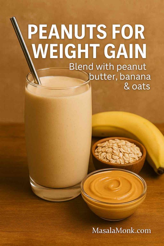 Tall glass of peanut butter smoothie with banana and oats, text overlay promoting peanuts for healthy weight gain.