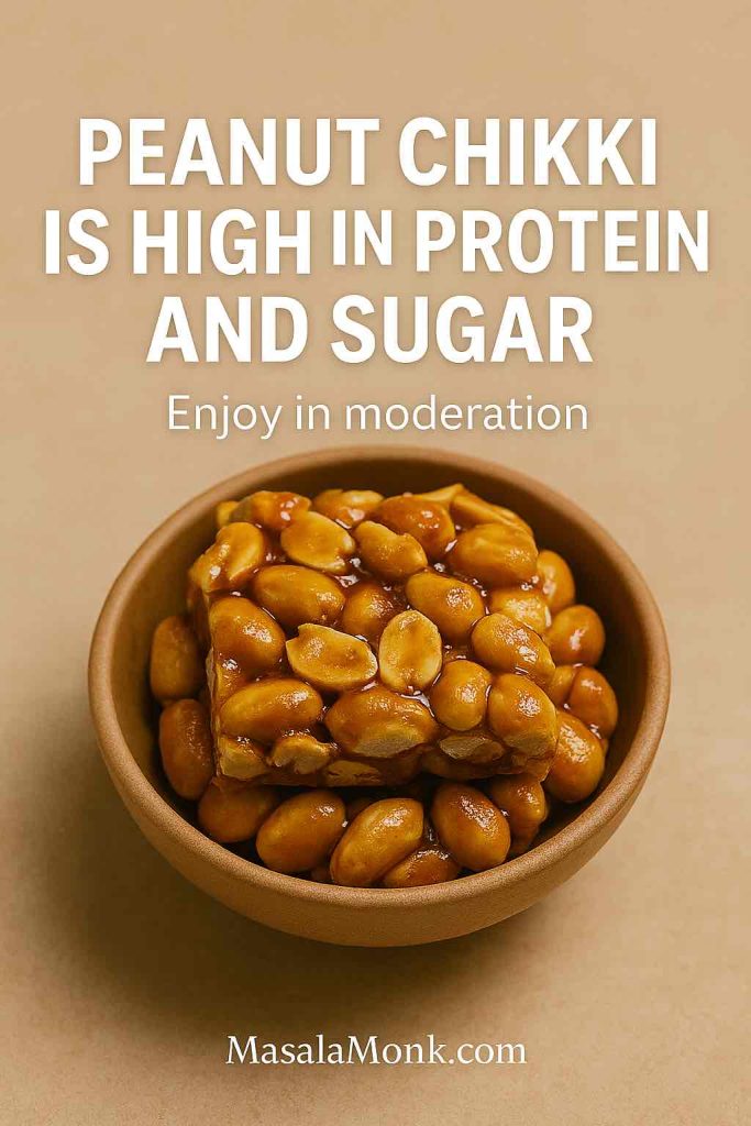 Bowl of peanut chikki with text overlay highlighting it as high in protein and sugar, recommended in moderation for weight loss.