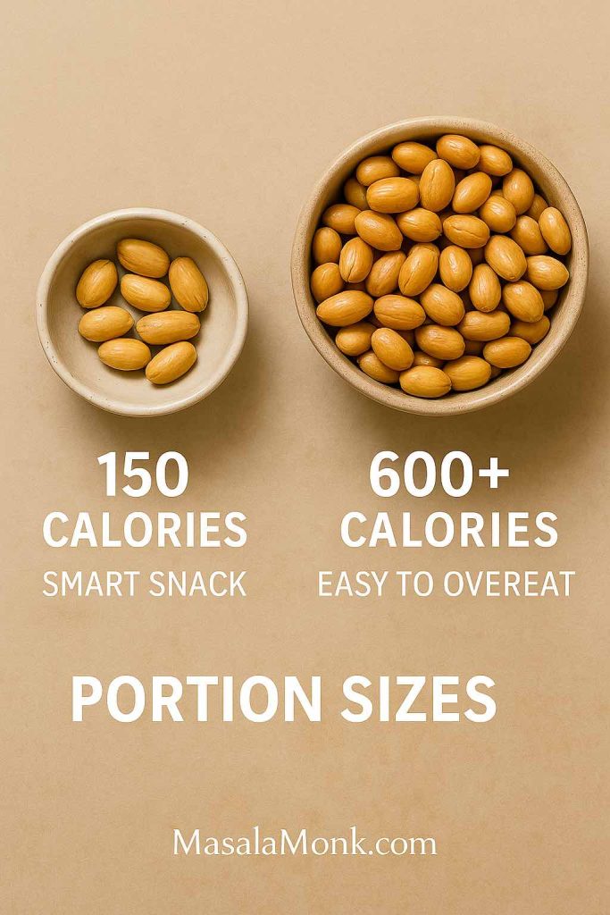 Two bowls of peanuts showing portion control: small serving labeled 150 calories for smart snacking, large bowl labeled 600 calories easy to overeat.