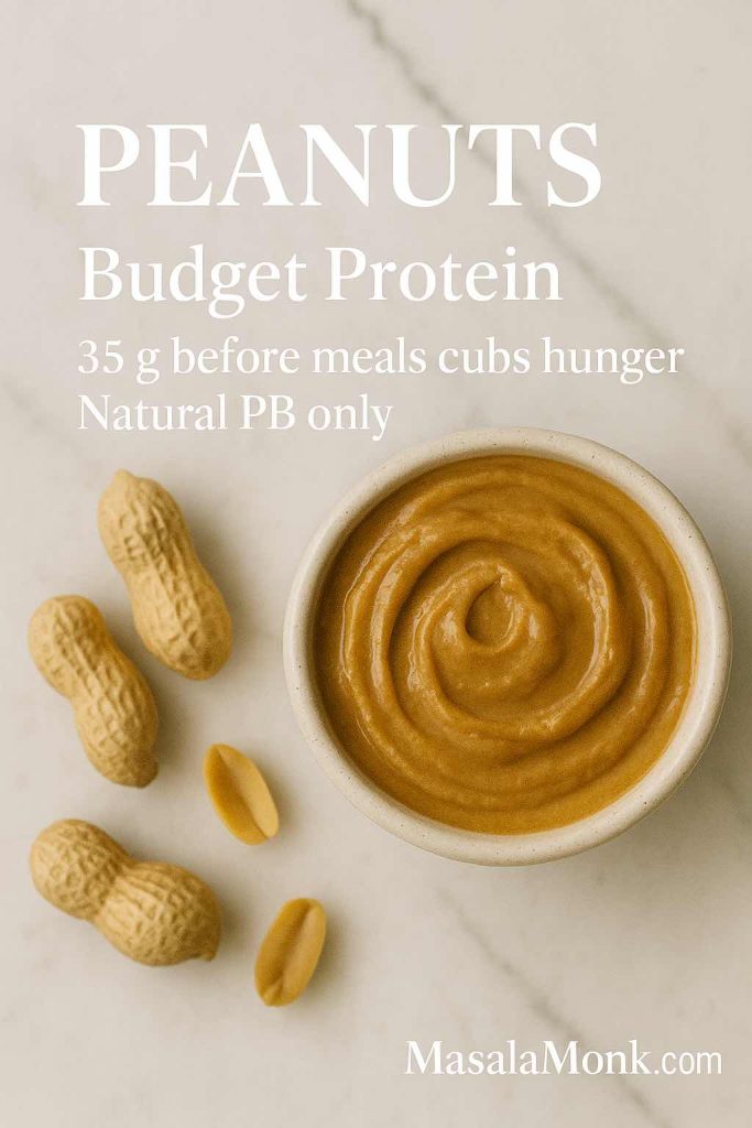 Swirl of natural peanut butter beside unshelled peanuts; overlay “Budget Protein; 35 g before meals curbs hunger; natural PB only.