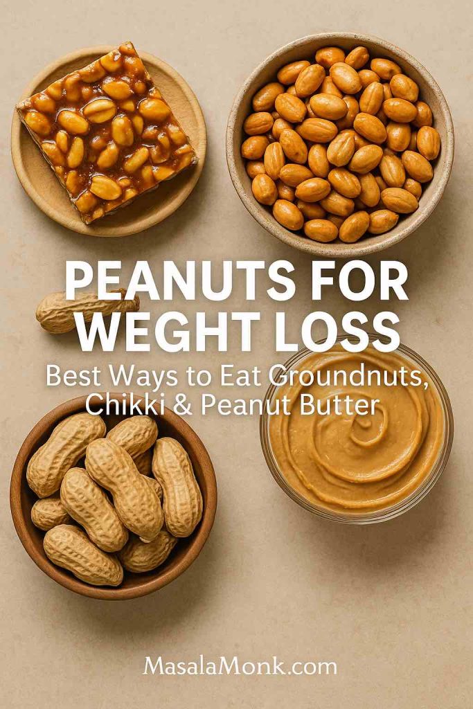 Peanut chikki, roasted peanuts, unshelled groundnuts, and a bowl of peanut butter displayed together on a table – healthy peanut forms for weight loss.