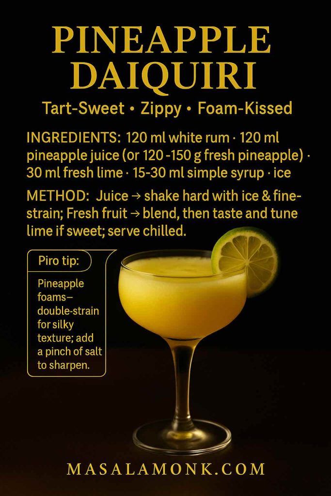 Pineapple Daiquiri recipe card with bright yellow cocktail in a coupe; overlay lists rum, pineapple (juice or fresh), lime, syrup, ice, and shows shake-and-fine-strain or blend method with a pro tip about double-straining and a pinch of salt — MasalaMonk