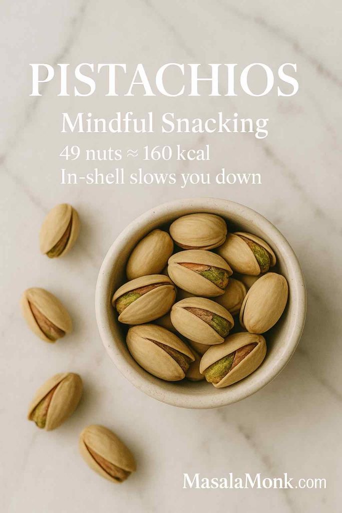In-shell pistachios in a small bowl on marble with text “49 nuts ≈ 160 kcal; in-shell slows you down - best nuts for weight loss.