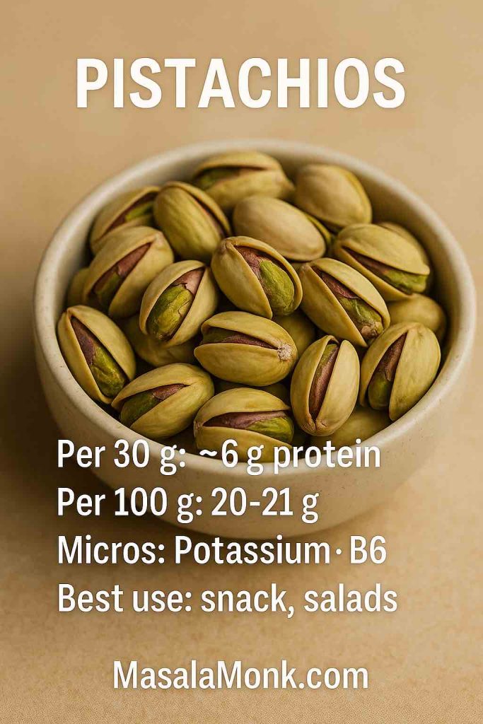 Pistachios in a bowl with overlayed protein per 30 g and 100 g and potassium/B6, MasalaMonk.com.