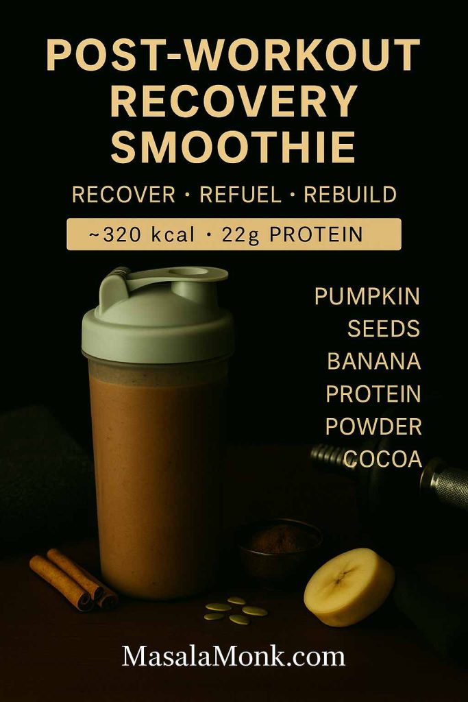 Shaker glass filled with chocolate protein smoothie on a rustic table with banana, cocoa, and pumpkin seeds.