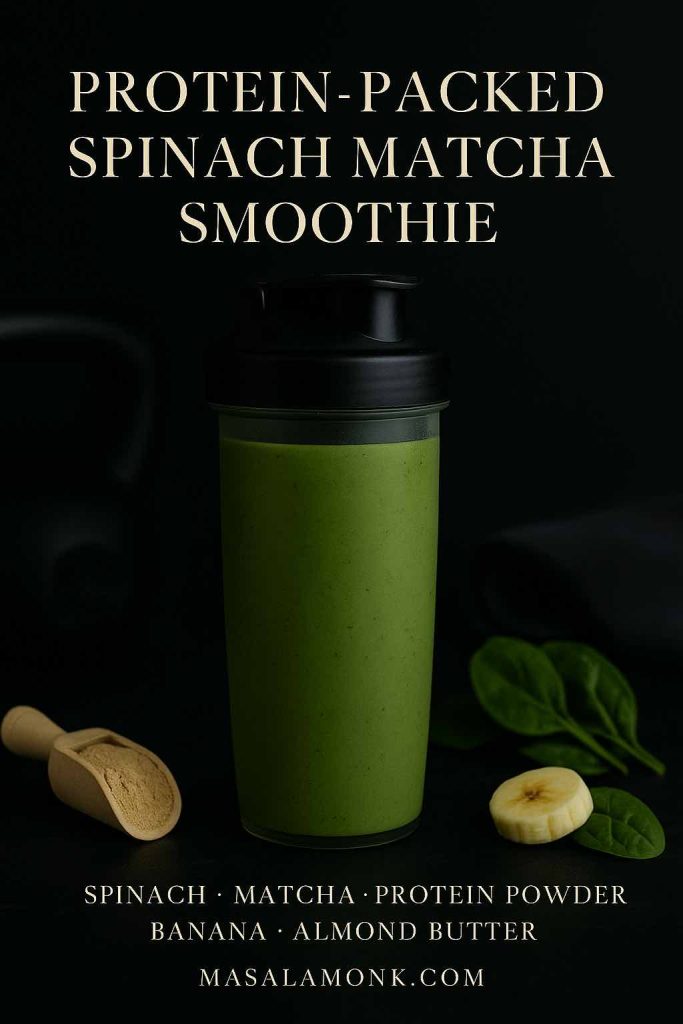 A protein-packed spinach matcha smoothie served in a sleek shaker bottle with protein scoop and spinach leaves.