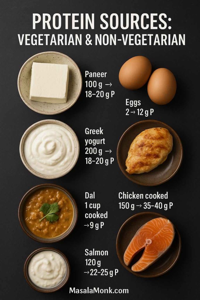 Grid of paneer, Greek yogurt, dal, eggs, chicken and salmon with protein amounts per serving on a dark background.