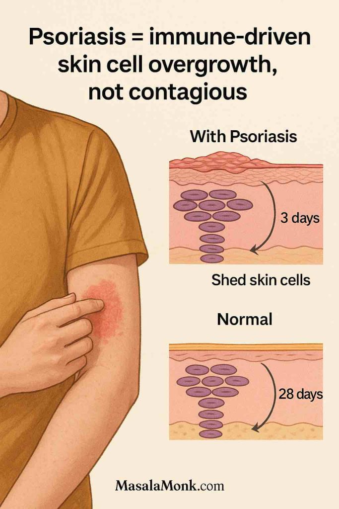 Infographic comparing normal vs psoriasis skin cell turnover, showing how psoriasis causes faster buildup of skin cells.