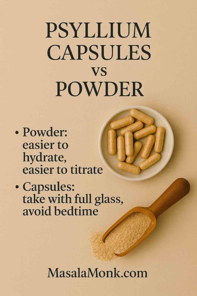 Psyllium capsules versus powder on beige backdrop with tips on hydration and dosing to reduce psyllium husk side effects.