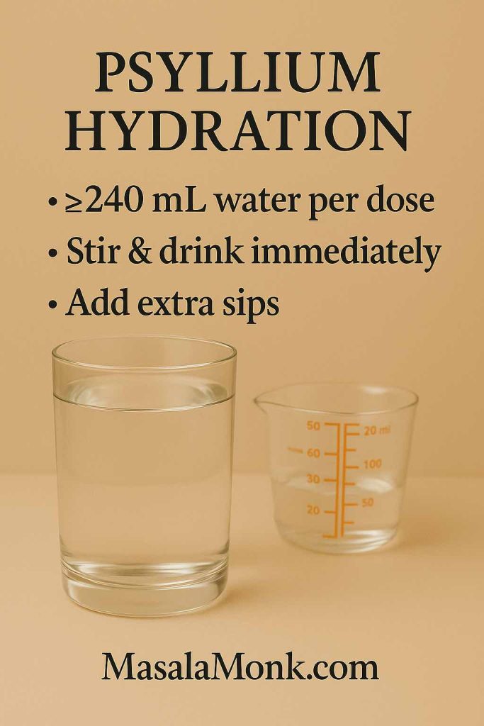 Clear glass and measuring beaker; guidance to use ≥240 mL water, stir, and drink immediately to reduce psyllium husk side effects.