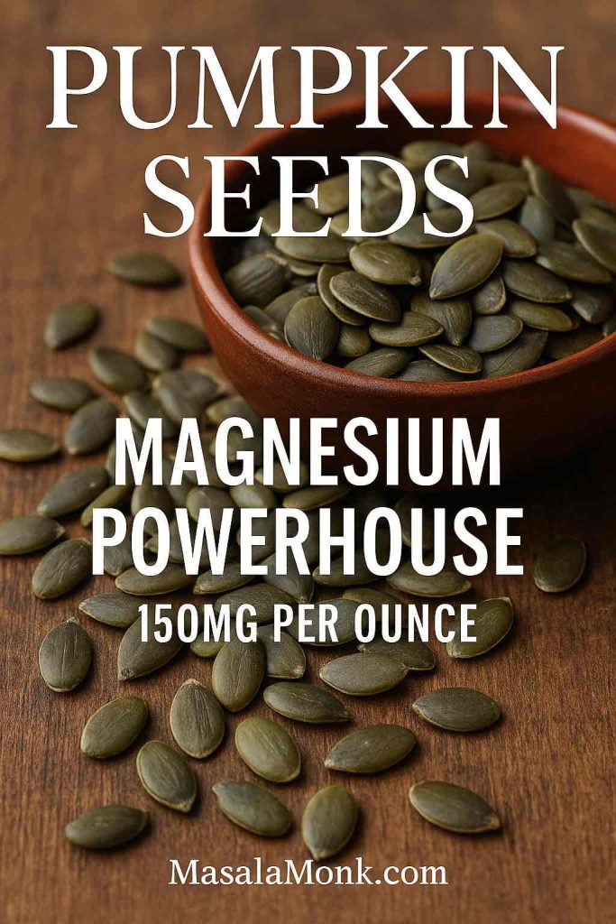 Pumpkin seeds in a wooden bowl, a top magnesium deficiency food with 150mg per ounce.
