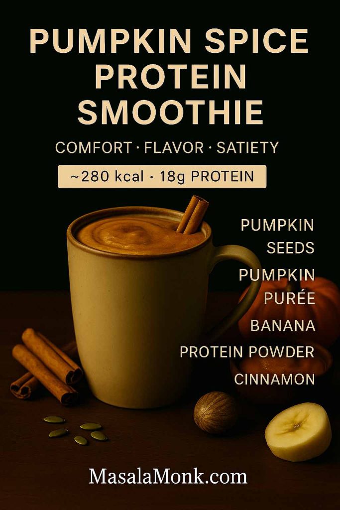 Creamy pumpkin spice protein smoothie in a mug with cinnamon sticks, banana, and pumpkin seeds beside it.