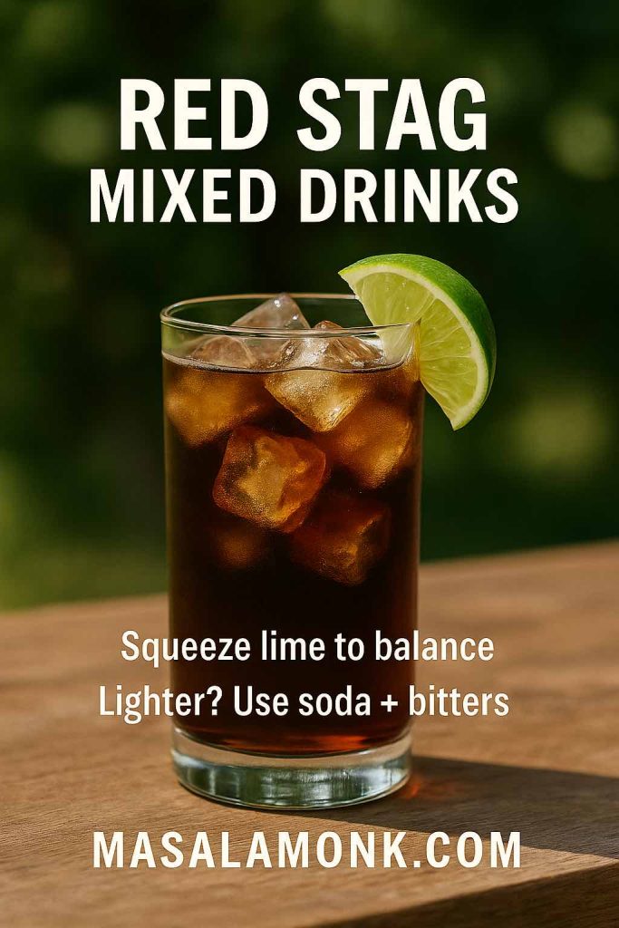 Photorealistic Red Stag and cola highball with clear ice and lime; overlay reads “Red Stag Mixed Drinks • Squeeze lime to balance • Lighter? Use soda + bitters”; MasalaMonk.com footer.