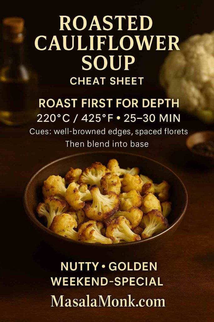 Roasted cauliflower soup guide showing roast-first cues—220°C/425°F for 25–30 minutes, well-browned edges, spaced florets.