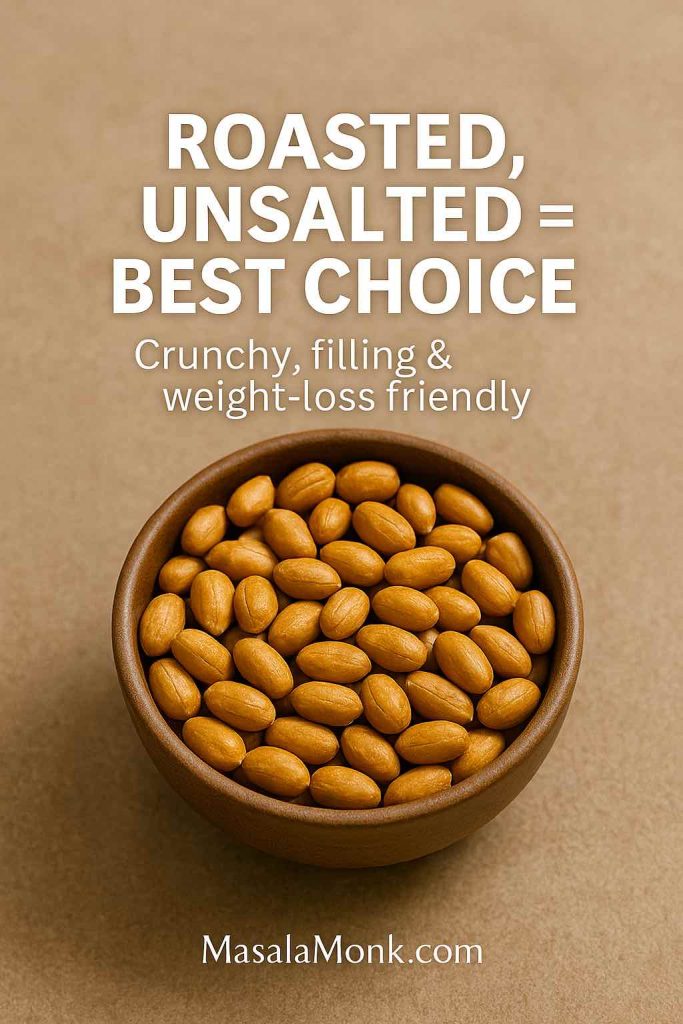 Bowl of roasted unsalted peanuts with text overlay highlighting them as the best choice for weight loss – crunchy, filling, and healthy.