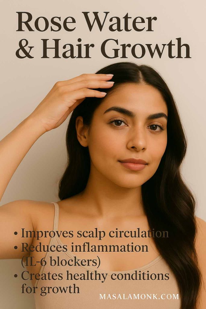 High-resolution portrait of a South Asian woman gently touching her scalp with overlay text highlighting rose water’s role in improving circulation, reducing inflammation, and supporting hair growth, footer MasalaMonk.com.