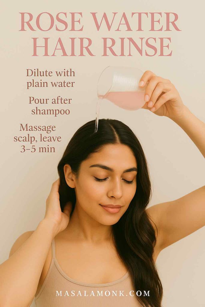 High-resolution portrait of a woman pouring rose water onto her hair with overlay text explaining how to use rose water rinse — dilute with water, pour after shampoo, massage scalp and leave 3–5 minutes, footer MasalaMonk.com.