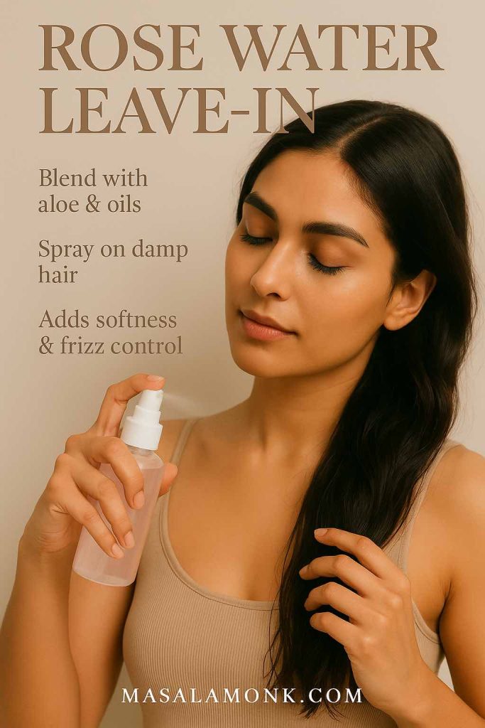 High-resolution portrait of a South Asian woman applying rose water leave-in conditioner spray to her hair with overlay text explaining blending with aloe and oils, spraying on damp hair, and adding softness and frizz control, footer MasalaMonk.com.