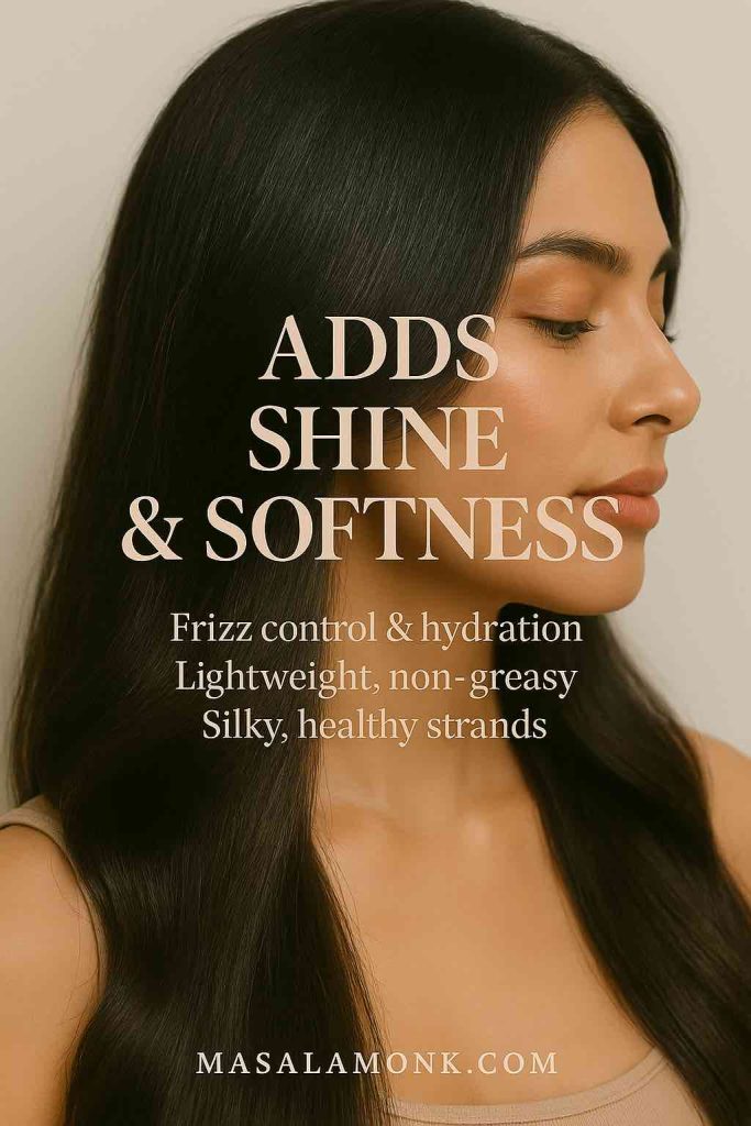 High-resolution portrait close-up of a woman with glossy, smooth hair catching soft light, with overlay text describing rose water’s benefits for shine, frizz control, and hydration, footer MasalaMonk.com.