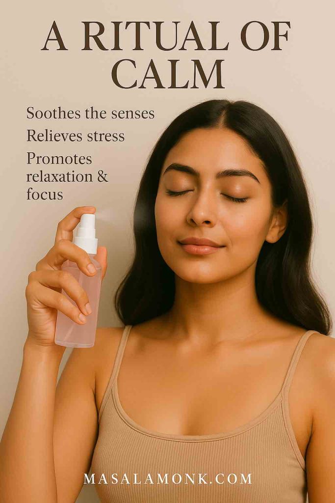 High-resolution portrait of a South Asian woman with closed eyes misting rose water onto her face and hair, serene expression, overlay text describing rose water’s calming and stress-relieving benefits, footer MasalaMonk.com.
