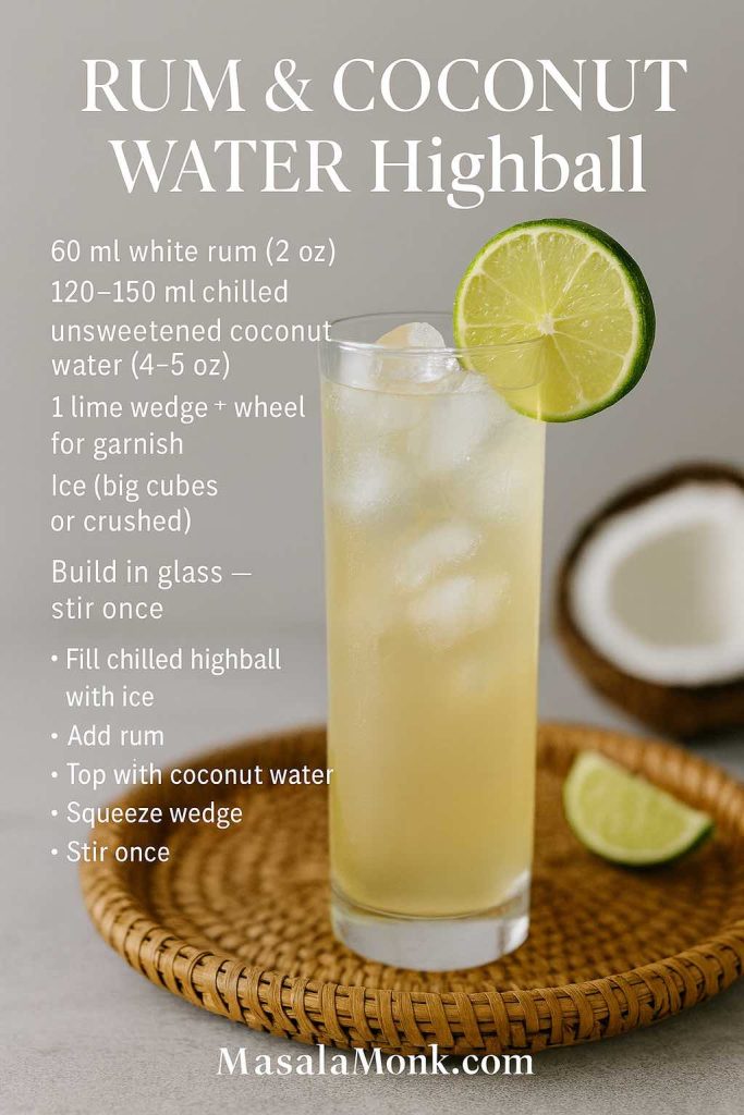 Rum & Coconut Water Highball recipe card: tall chilled highball on a rattan tray with lime wheel; on-image text lists 60 ml white rum, 120–150 ml unsweetened coconut water, lime wedge, and simple build-in-glass steps; MasalaMonk.com footer; neutral studio background.