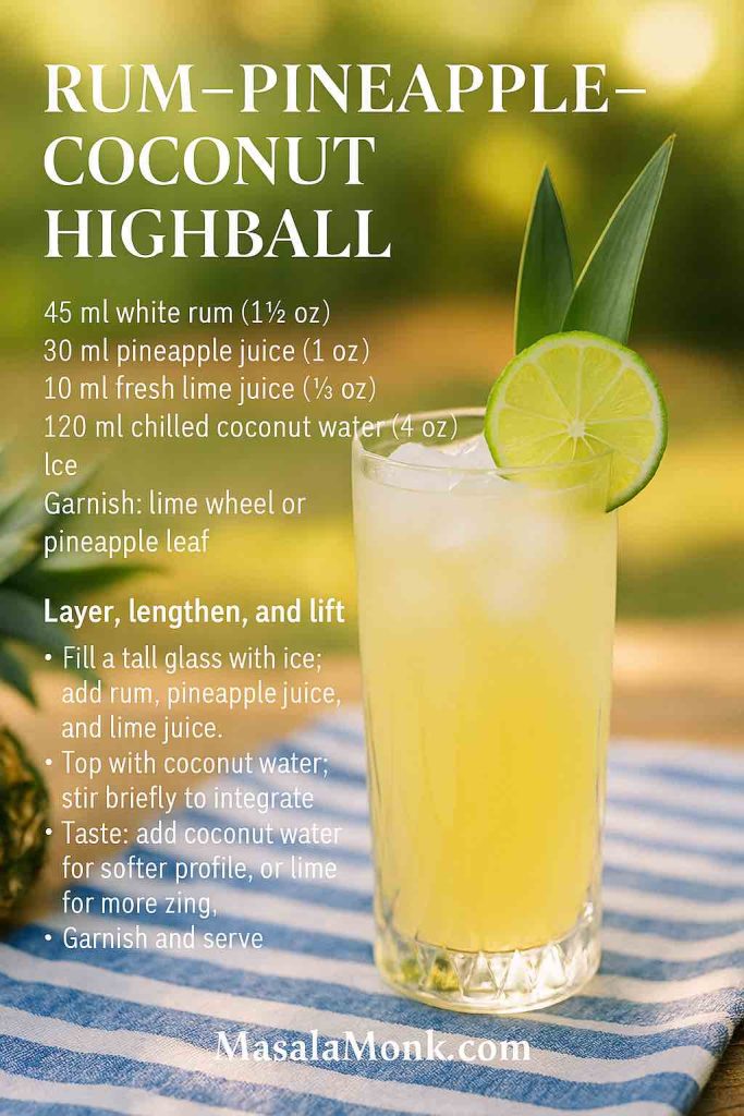 Rum–Pineapple–Coconut Lime Highball recipe card: tall sunny highball with pineapple leaf and lime wheel on an outdoor picnic cloth; overlay lists 45 ml white rum, 30 ml pineapple juice, 10 ml lime, 120 ml coconut water with ‘Layer, lengthen, and lift’ method; MasalaMonk.com footer.