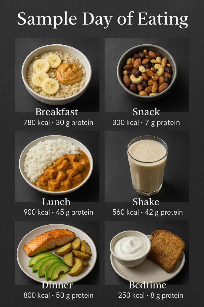 Six-photo collage: oatmeal with banana, trail mix, curry with rice, protein shake, salmon with potatoes and avocado, yogurt with toast; calories and protein listed per meal.