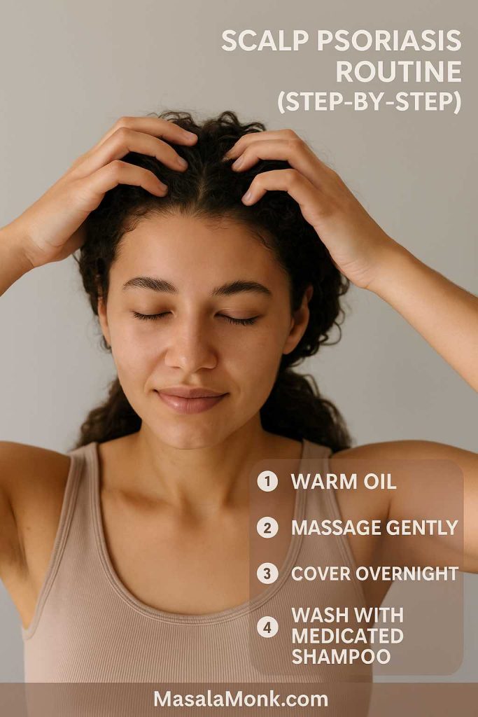 Person massaging scalp with coconut oil alongside a step-by-step guide for managing scalp psoriasis naturally.