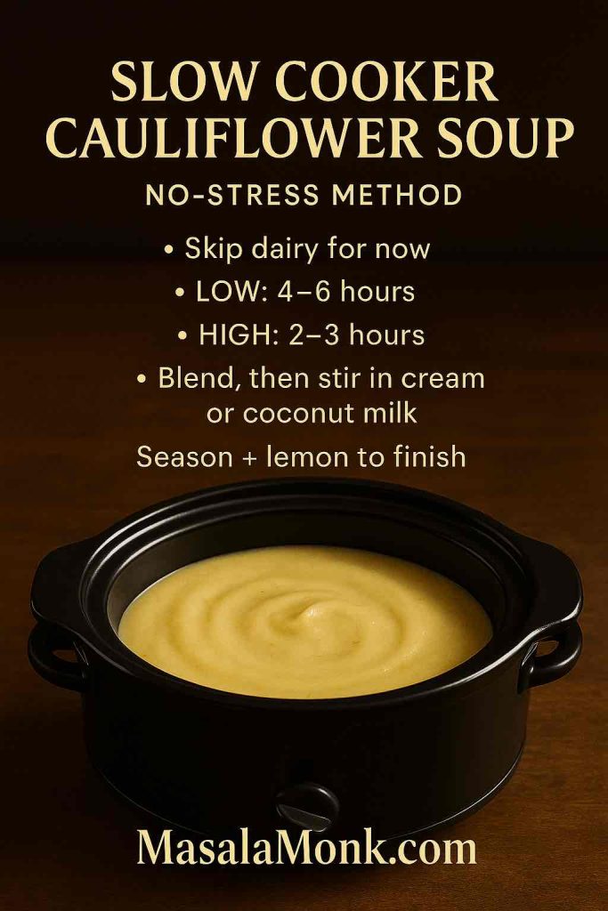 Slow cooker cauliflower soup instructions—LOW 4–6 hours or HIGH 2–3 hours; blend, then stir in cream or coconut milk; season with lemon.