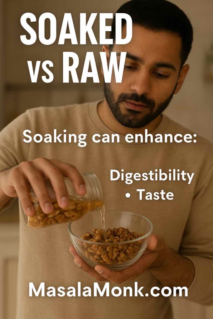 Man pouring soaking walnuts in bowl to show difference between raw and soaked walnuts.