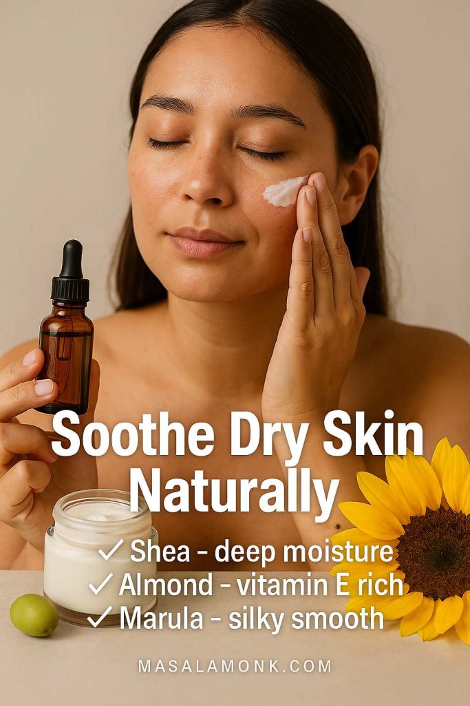 Woman moisturizing with shea butter and almond oil while holding marula oil dropper bottle.