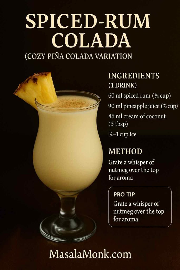 Spiced-Rum Colada recipe card—creamy cocktail with nutmeg and pineapple garnish, moody portrait, MasalaMonk footer