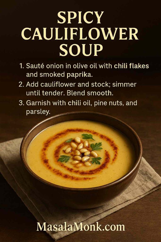 Spicy cauliflower soup card—bloom chili flakes and smoked paprika, blend smooth, garnish with chili oil, pine nuts, and parsley.