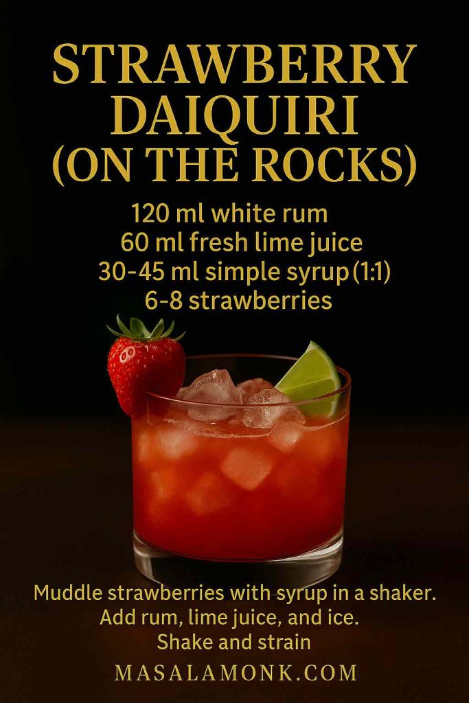 Strawberry Daiquiri on pebble ice with strawberry and lime; recipe card overlay with ingredients and muddle–shake–fine-strain steps.