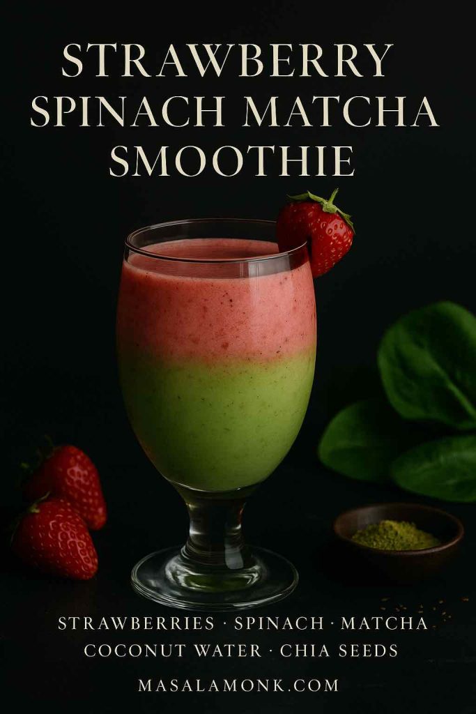 A layered strawberry spinach matcha smoothie in a stemmed glass with fresh strawberries and spinach on a dark background.