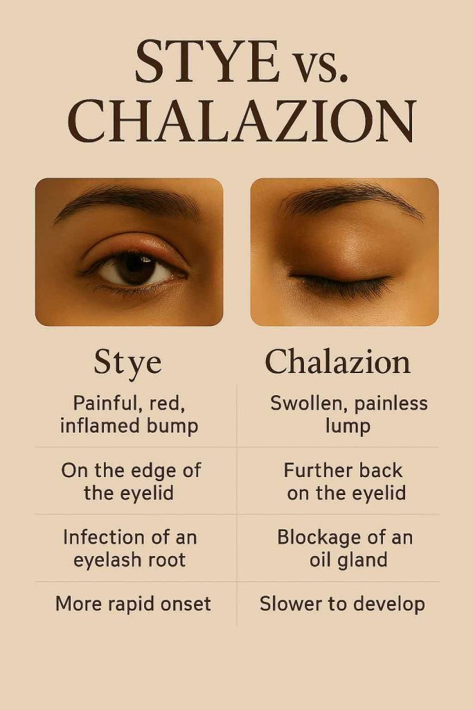 Castor Oil for Eyes context chart comparing stye and chalazion with photos and bullet differences plus red-flag reminders.