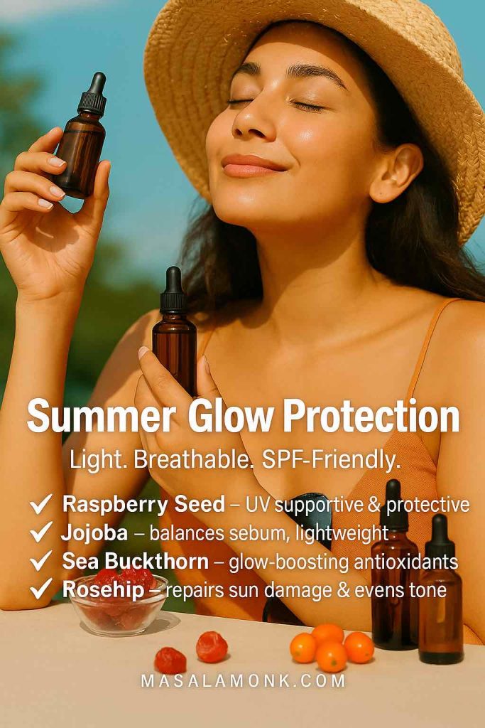 Woman enjoying sun while holding natural face oils like raspberry seed, jojoba, rosehip, and sea buckthorn for summer glow.