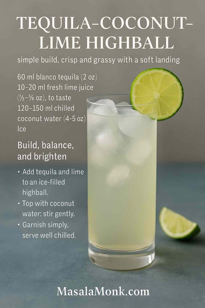 Tequila–Coconut–Lime Highball recipe card: tall pale-green cocktail with lime wheel on a cool taco-night tabletop; overlay lists 60 ml blanco tequila, 10–20 ml fresh lime, 120–150 ml coconut water with brief build-in-glass method; MasalaMonk.com footer.