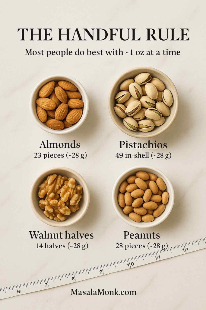 Four labeled bowls—23 almonds, 49 in-shell pistachios, 14 walnut halves, 28 peanuts—under headline “The Handful Rule” for best nuts for weight loss.