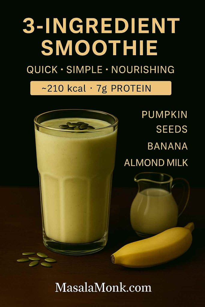 Minimalist banana and almond milk smoothie in a tall glass with a banana and almond milk jug beside it.