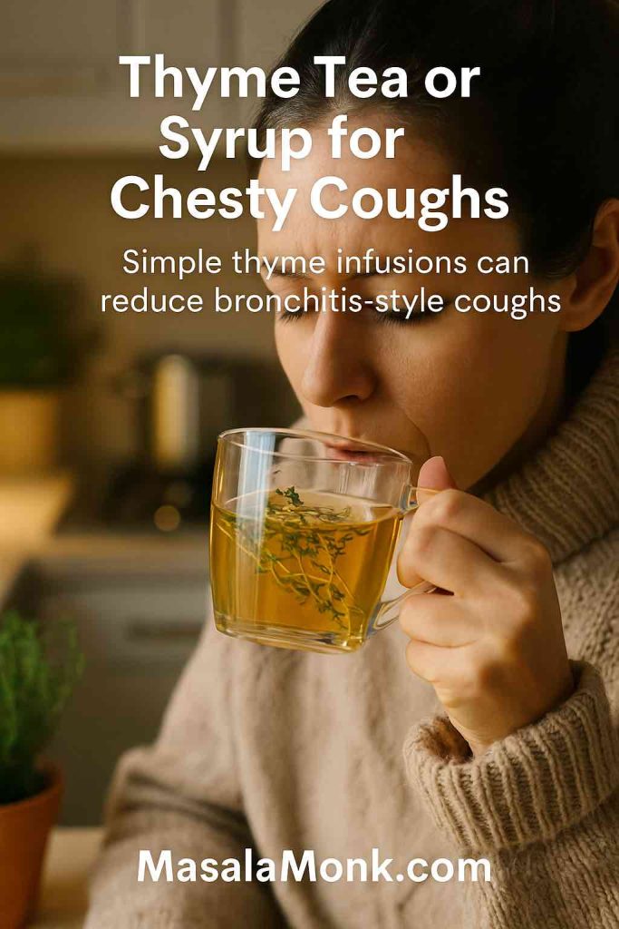 A woman in a cozy sweater sipping thyme tea with sprigs, with text overlay “Thyme Tea or Syrup for Chesty Coughs — Simple thyme infusions can reduce bronchitis-style coughs.” A classic natural cough remedy. MasalaMonk.com branding in footer.