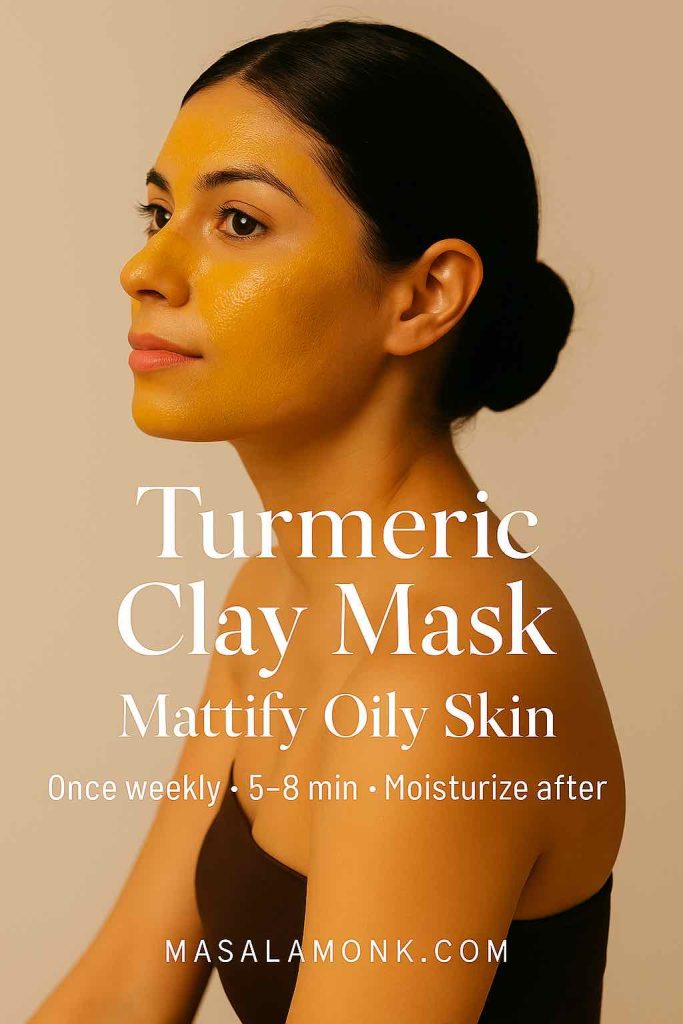 Close-up of a woman with turmeric clay mask applied on her face for oil control.