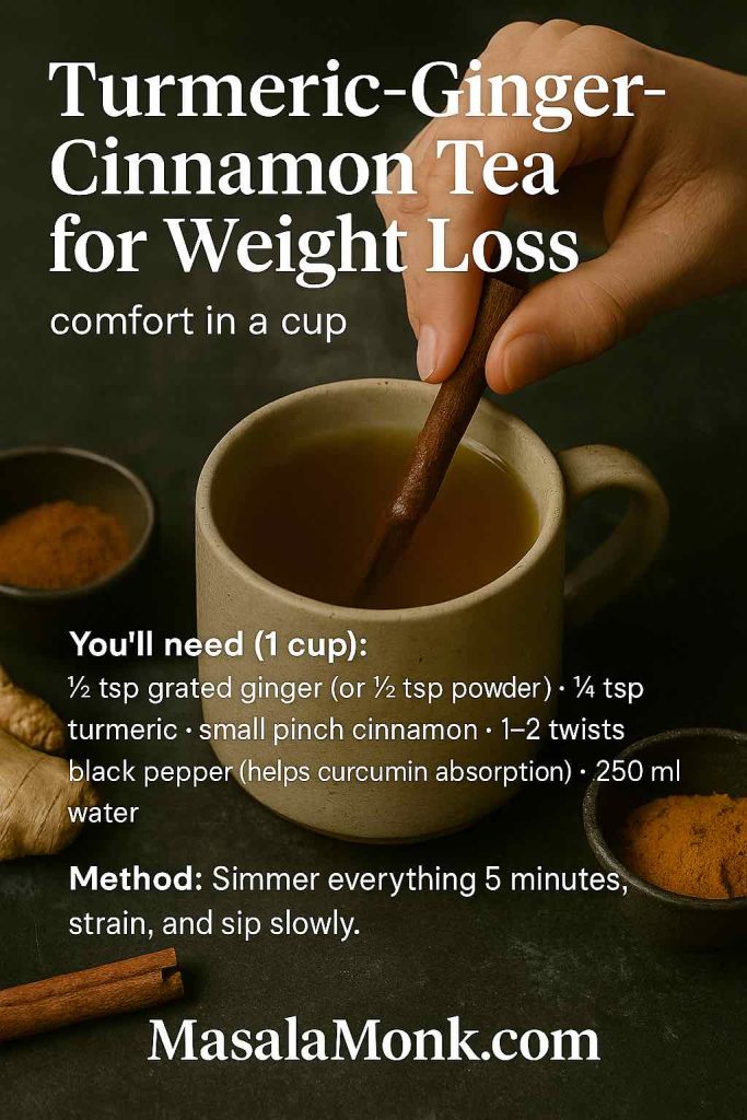 Hand stirs turmeric–ginger–cinnamon tea with a cinnamon stick in a stoneware mug; spices in bowls; overlay shows full ingredients and 5-min simmer method.
