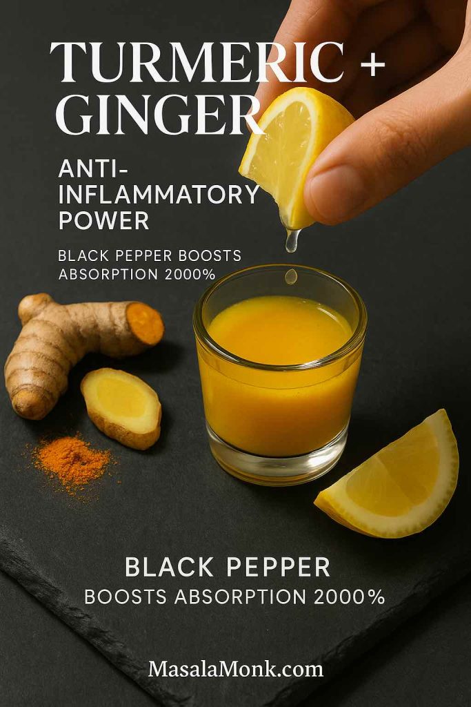 Close-up of a turmeric ginger immunity shot with fresh turmeric, ginger, and lemon, highlighting its anti-inflammatory benefits.