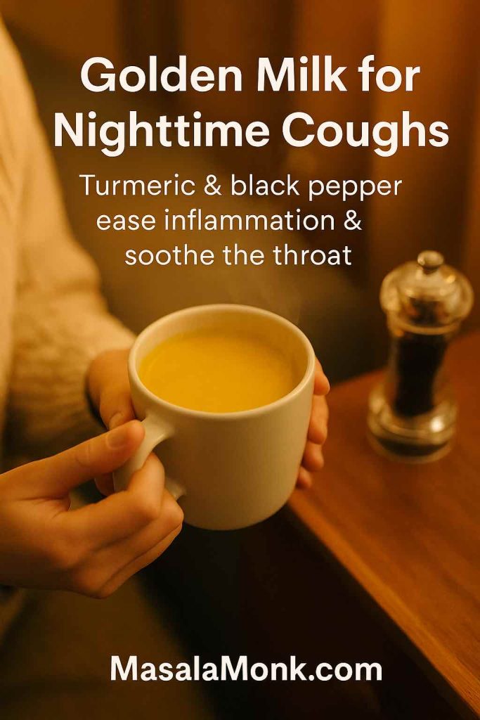 A person holding a steaming cup of golden turmeric milk in a cozy nighttime setting, with text overlay “Golden Milk for Nighttime Coughs — Turmeric & black pepper ease inflammation & soothe the throat.” MasalaMonk.com branding in footer.