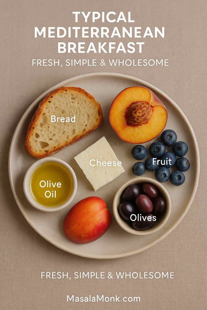Educational photograph of a typical Mediterranean breakfast plate featuring bread, olive oil, cheese, olives, and fresh fruit, labeled for clarity.